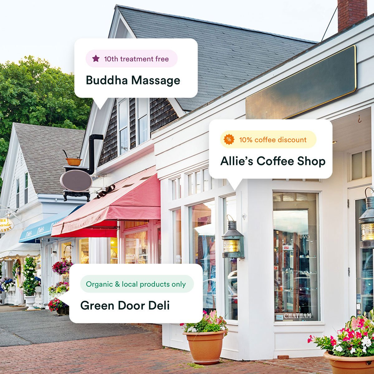charming street shops with bubbles overlayed showing available discounts at local businesses from the app