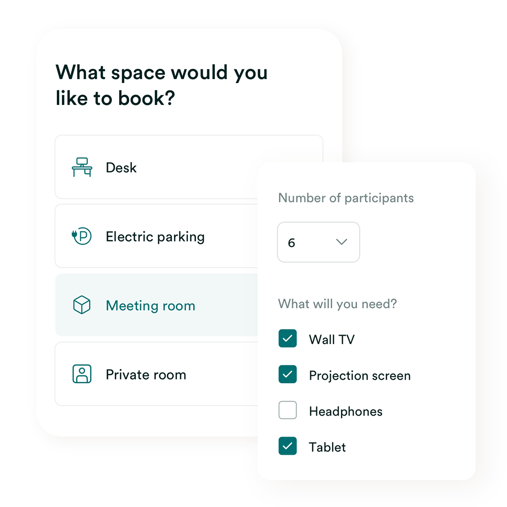 What space would you like to book? app screen with options